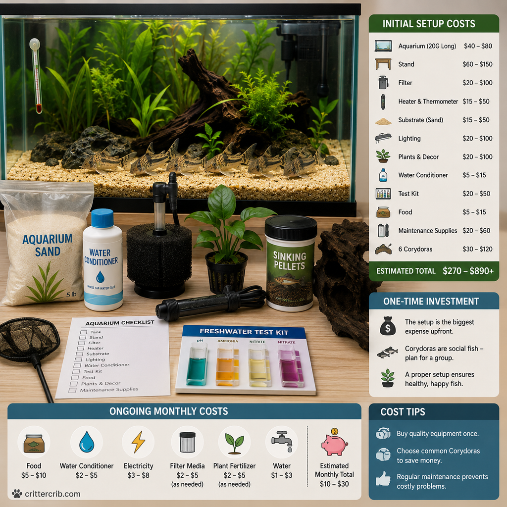 Corydoras aquarium with tank supplies showing setup and ongoing costs for keeping Cory catfish