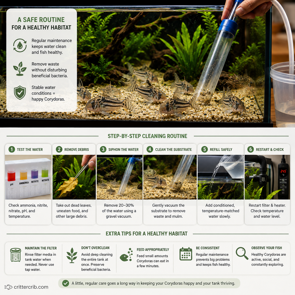 Step-by-step Corydoras tank cleaning routine showing water testing, debris removal, siphoning, substrate cleaning, refilling, and equipment checks