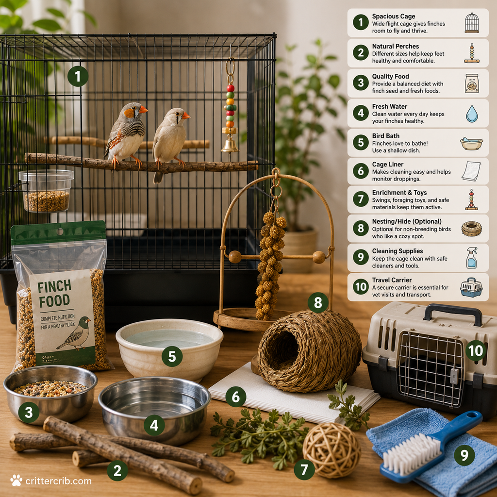 Essential finch supplies including a spacious cage, natural perches, food, fresh water, bird bath, toys, cage liner, cleaning supplies, and travel carrier