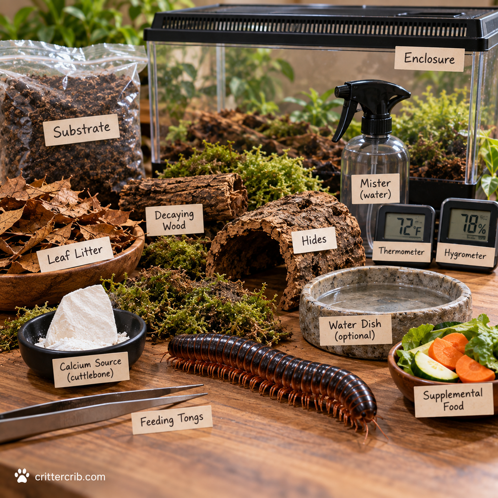 Essential millipede supplies including enclosure, substrate, leaf litter, decaying wood, hide, mister, food, and calcium