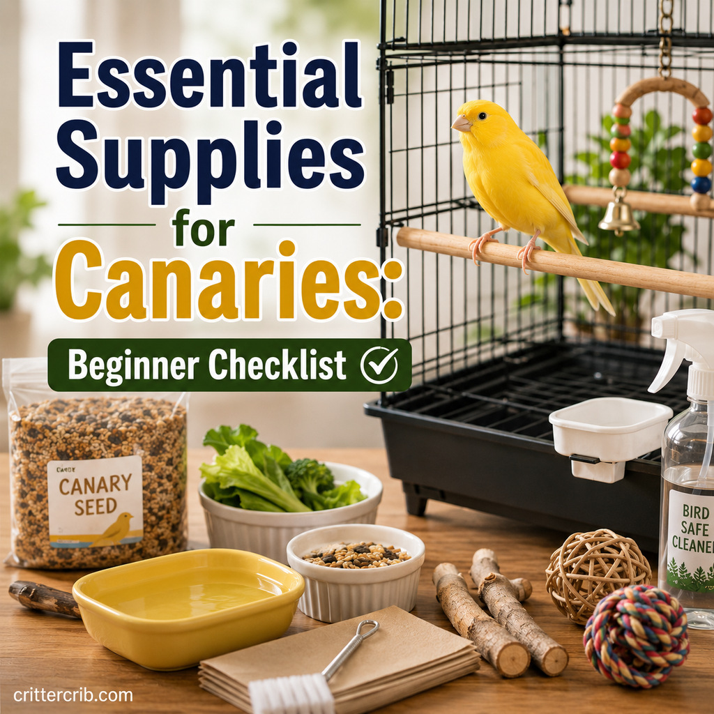 Yellow canary in a bird cage with essential supplies including food, water, perches, toys, cage liners, and cleaning supplies.