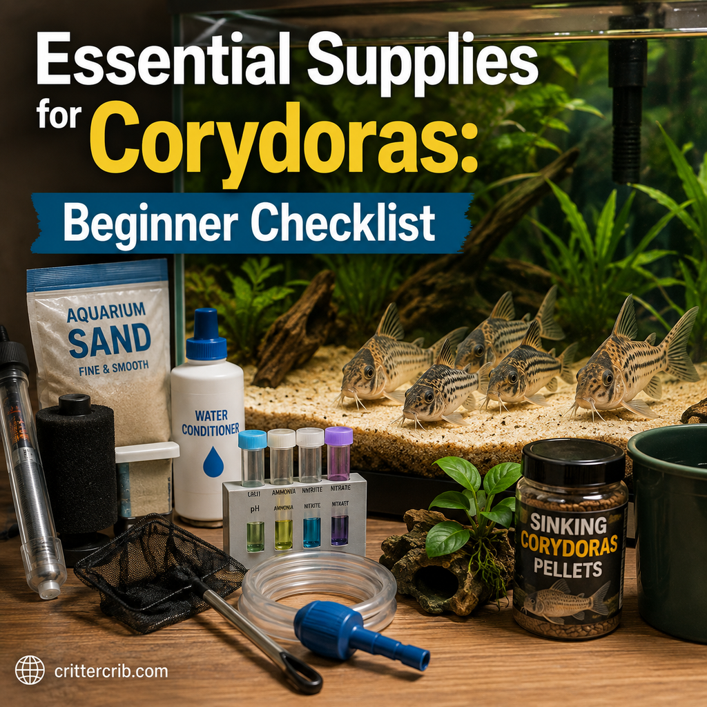 Corydoras catfish with essential aquarium supplies for a beginner tank setup