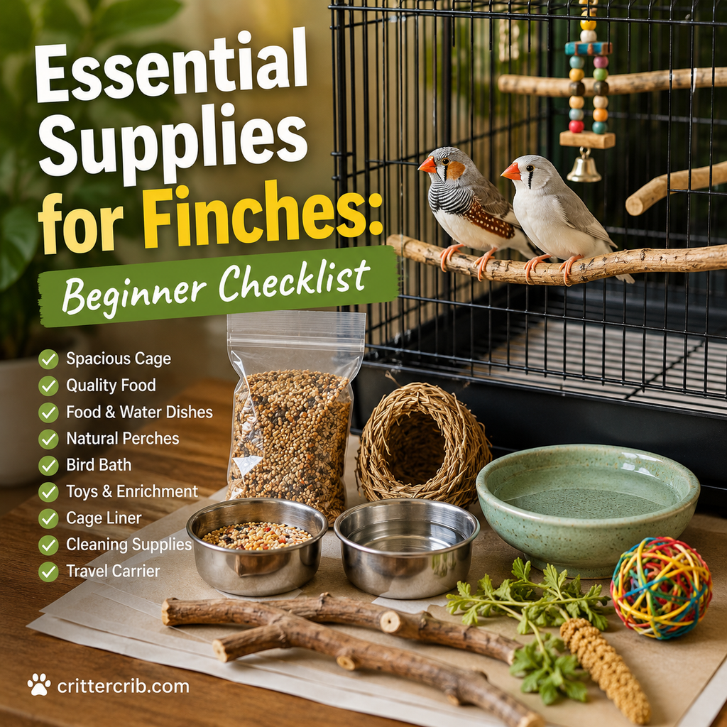 Essential supplies for pet finches including a spacious cage, food, water dishes, natural perches, bird bath, and enrichment