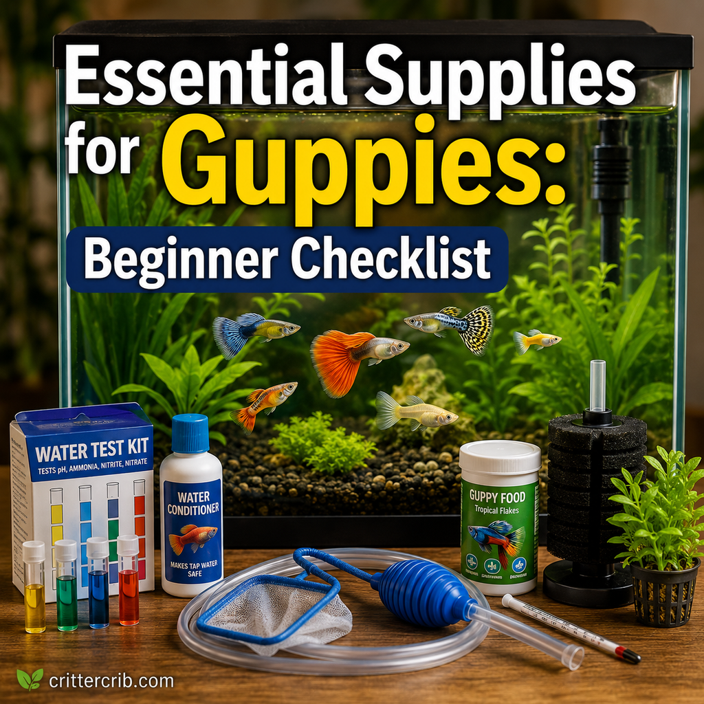 Guppy aquarium with essential beginner supplies including filter, food, water conditioner, test kit, net, and siphon