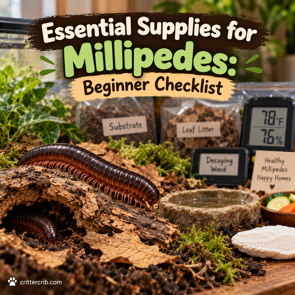 Millipede with essential habitat supplies including substrate, leaf litter, decaying wood, water, and food