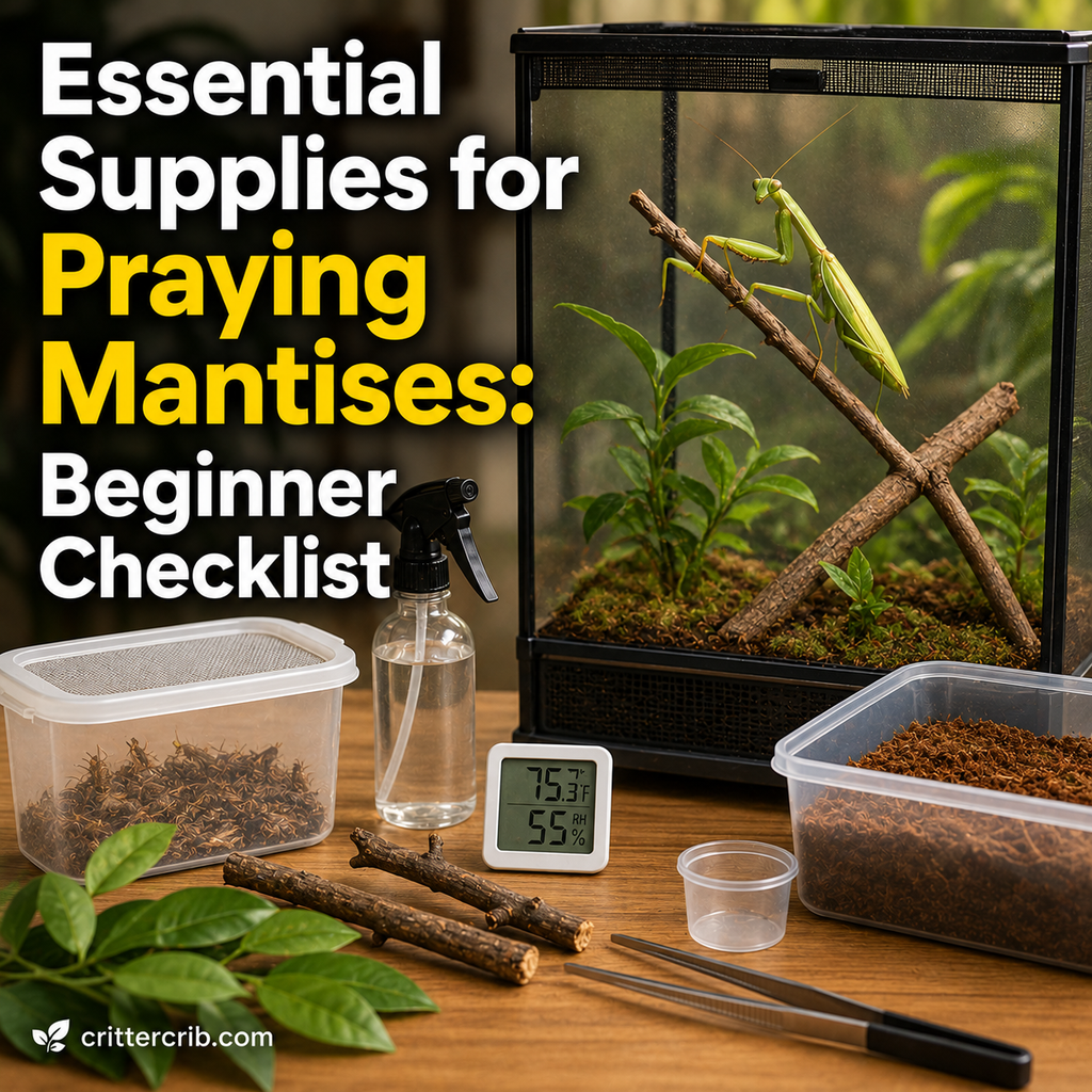 Essential supplies for a praying mantis including enclosure, climbing branches, live feeders, misting bottle, and thermometer