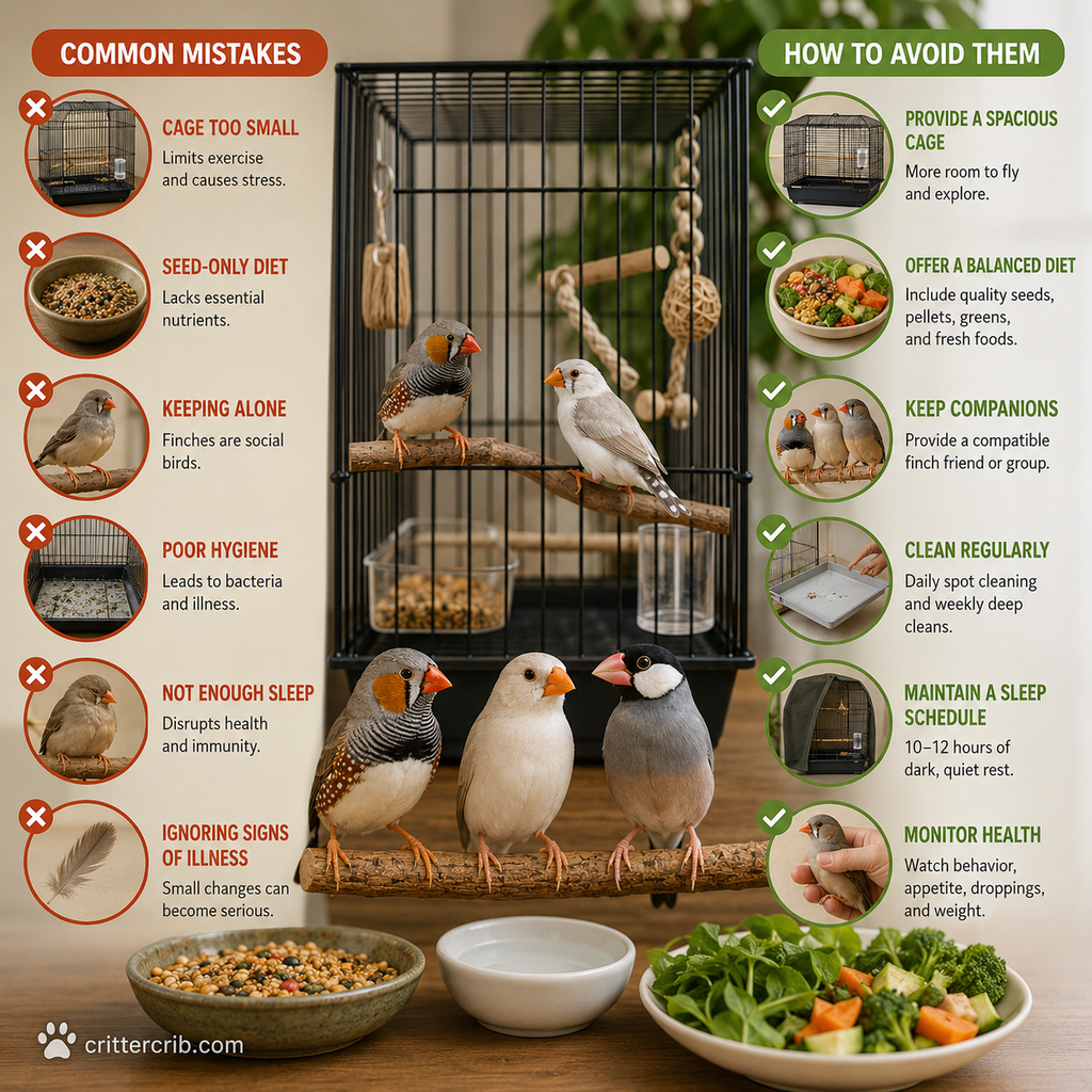 Common finch care mistakes compared with proper cage, diet, companionship, cleaning, sleep, and health care