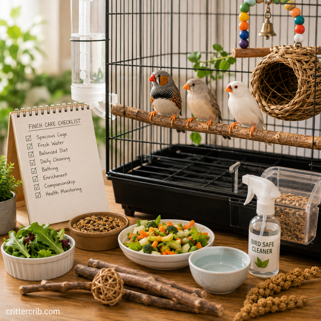 Finches in a spacious cage with fresh food, water, natural perches, enrichment, and daily care supplies.