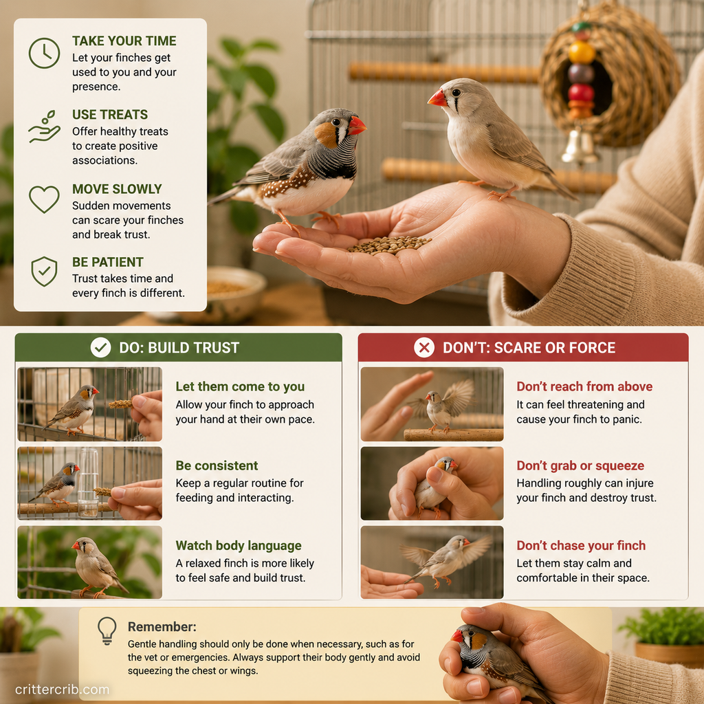 Finches calmly approaching a person's hand with examples of gentle handling and trust-building techniques.