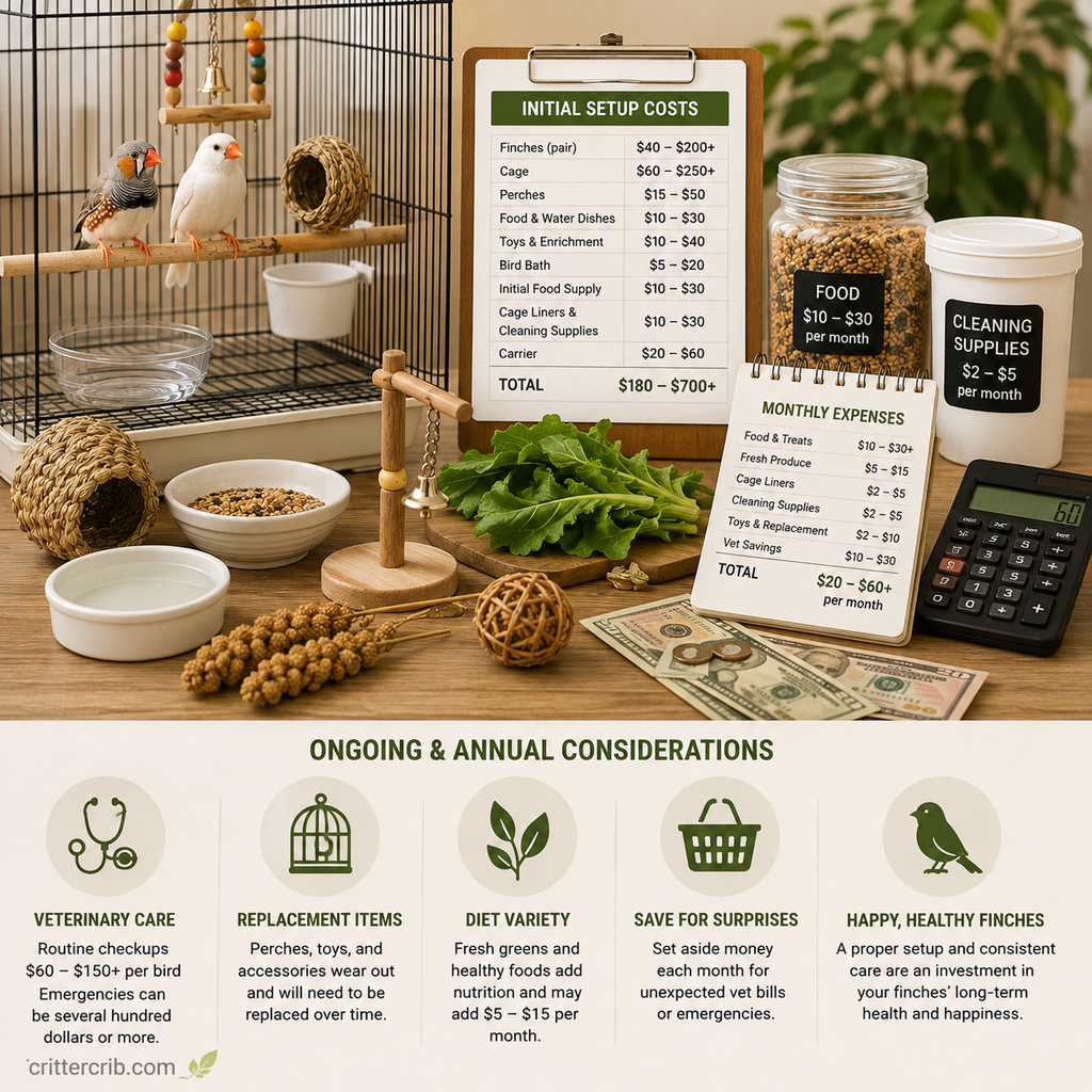 Finch cage setup with two finches, food, supplies, and a budget breakdown of initial and monthly ownership costs.
