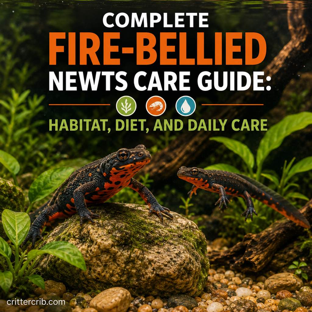 Fire-bellied newts in a naturalistic aquarium habitat with aquatic plants, rocks, and driftwood
