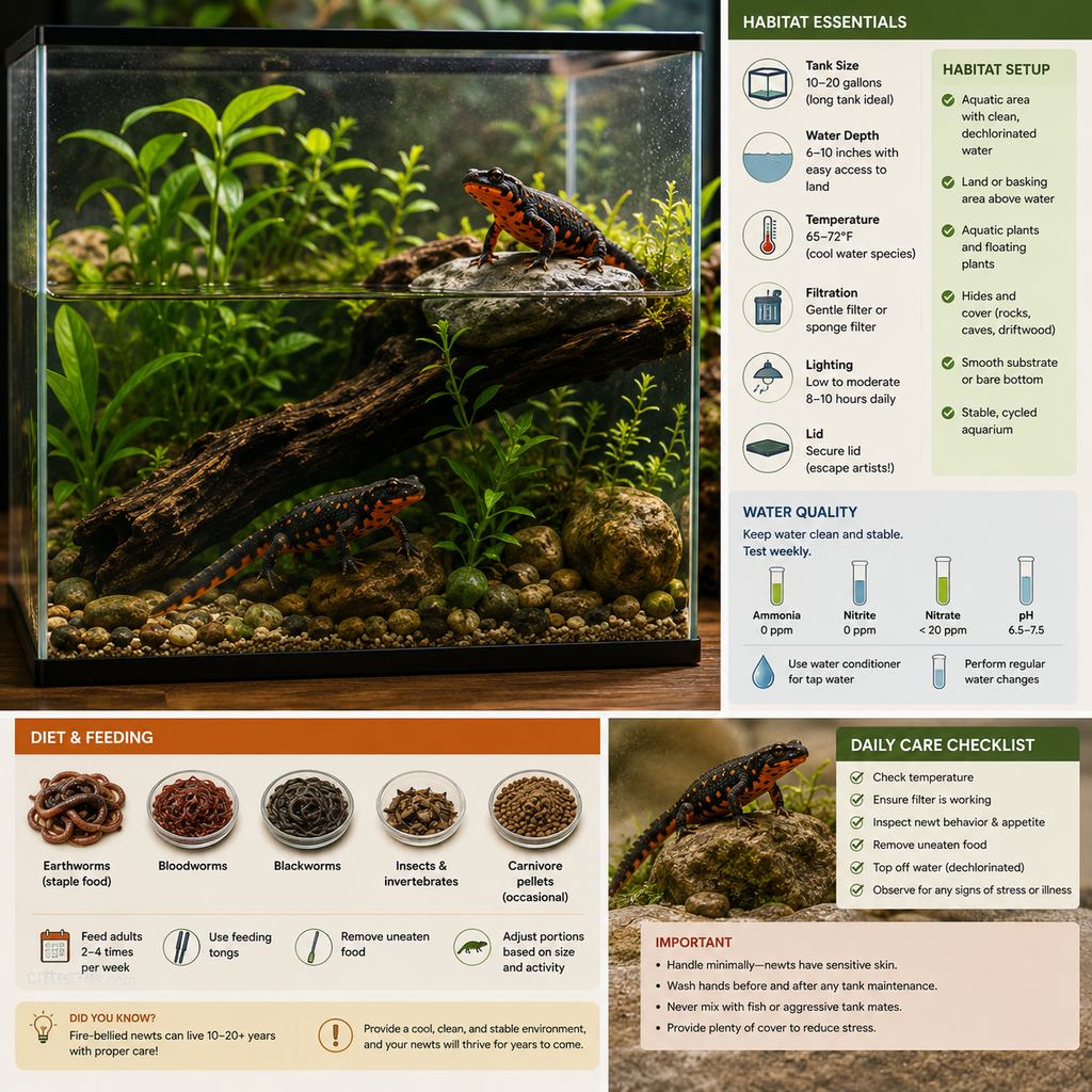 Fire-bellied newt care guide showing habitat setup, water quality, diet, feeding, and daily care