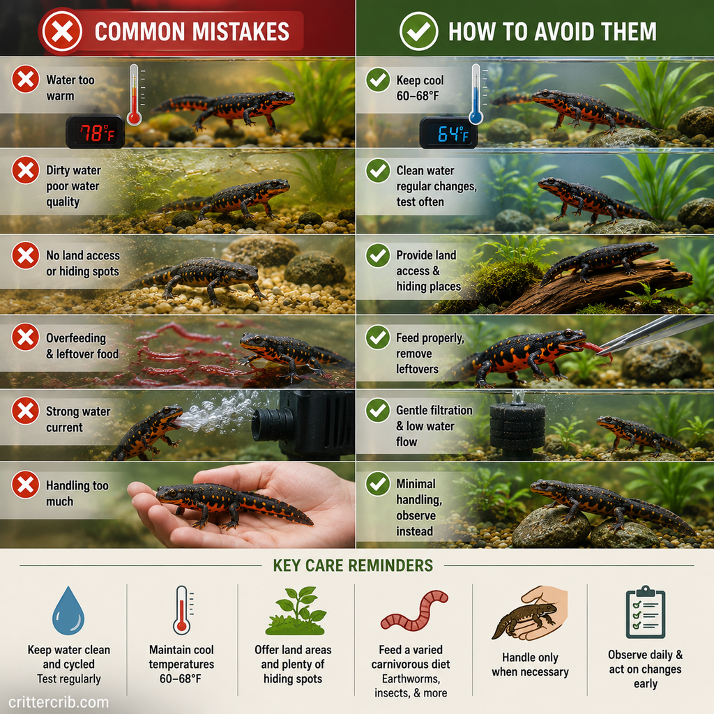 Fire-bellied newt care mistakes compared with proper temperature, clean water, land access, feeding, filtration, and handling