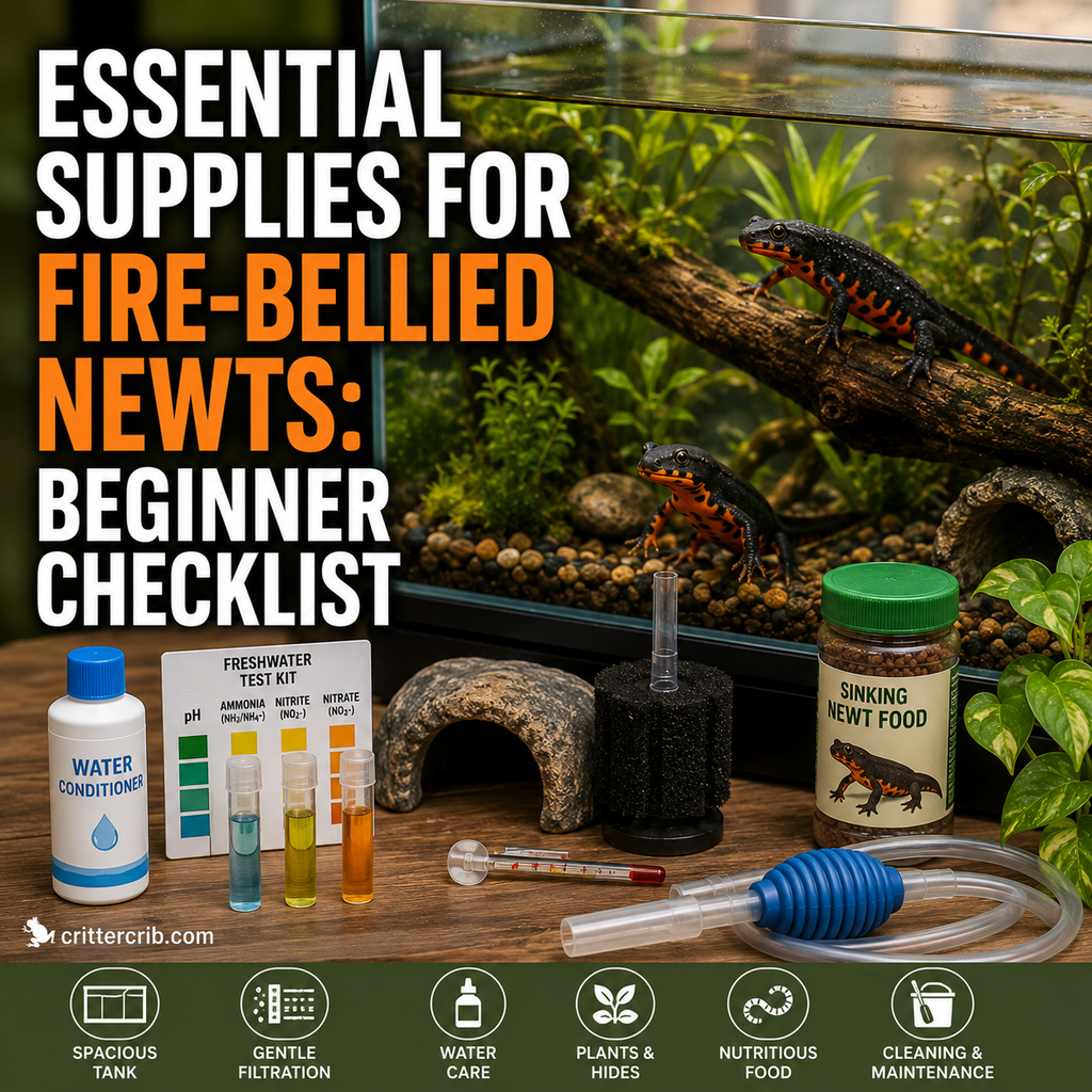 Fire-bellied newts with essential tank supplies including filtration, water testing, food, hides, and cleaning equipment