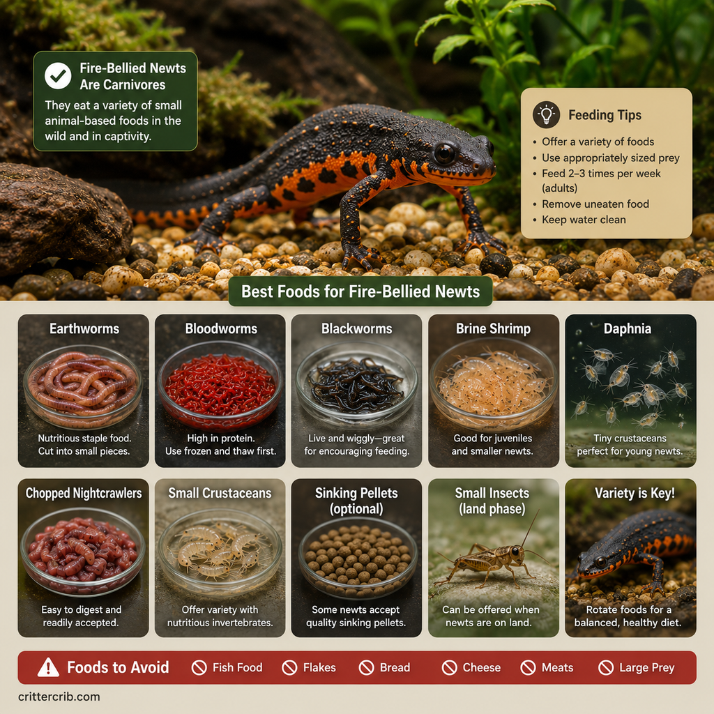Best foods for fire-bellied newts including earthworms, bloodworms, blackworms, brine shrimp, daphnia, and other suitable prey