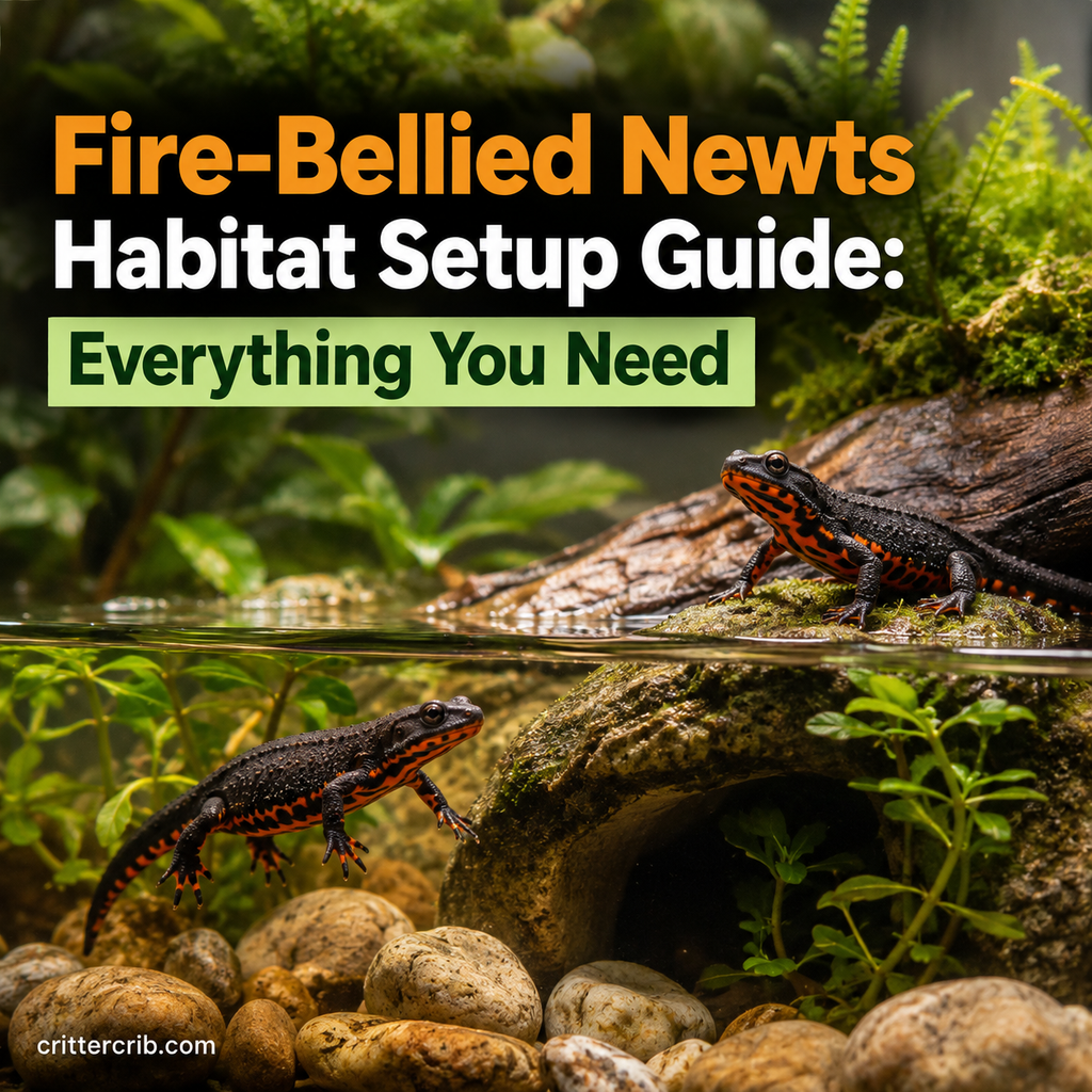 Fire-bellied newts in a planted aquatic habitat with water, rocks, driftwood, and a land area