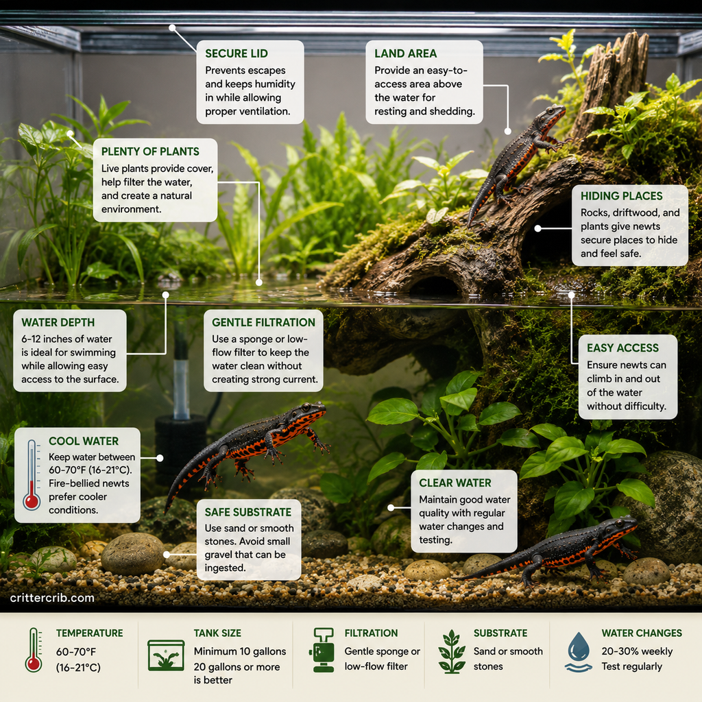 Fire-bellied newt habitat setup showing cool water, gentle filtration, plants, hiding places, safe substrate, and an accessible land area