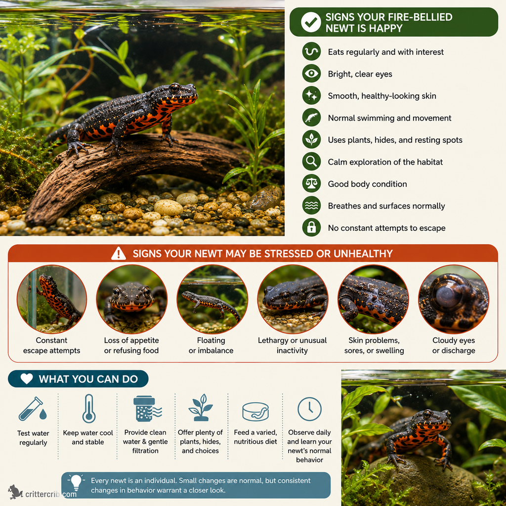 Signs of a happy and healthy fire-bellied newt including normal appetite, swimming, clear eyes, healthy skin, and calm behavior