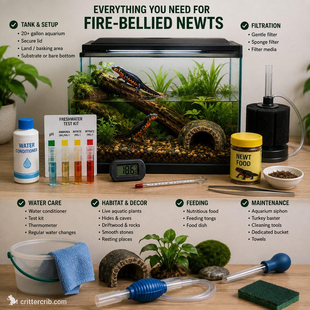 Fire-bellied newt supplies including aquarium, filter, water test kit, thermometer, food, hides, and cleaning tools