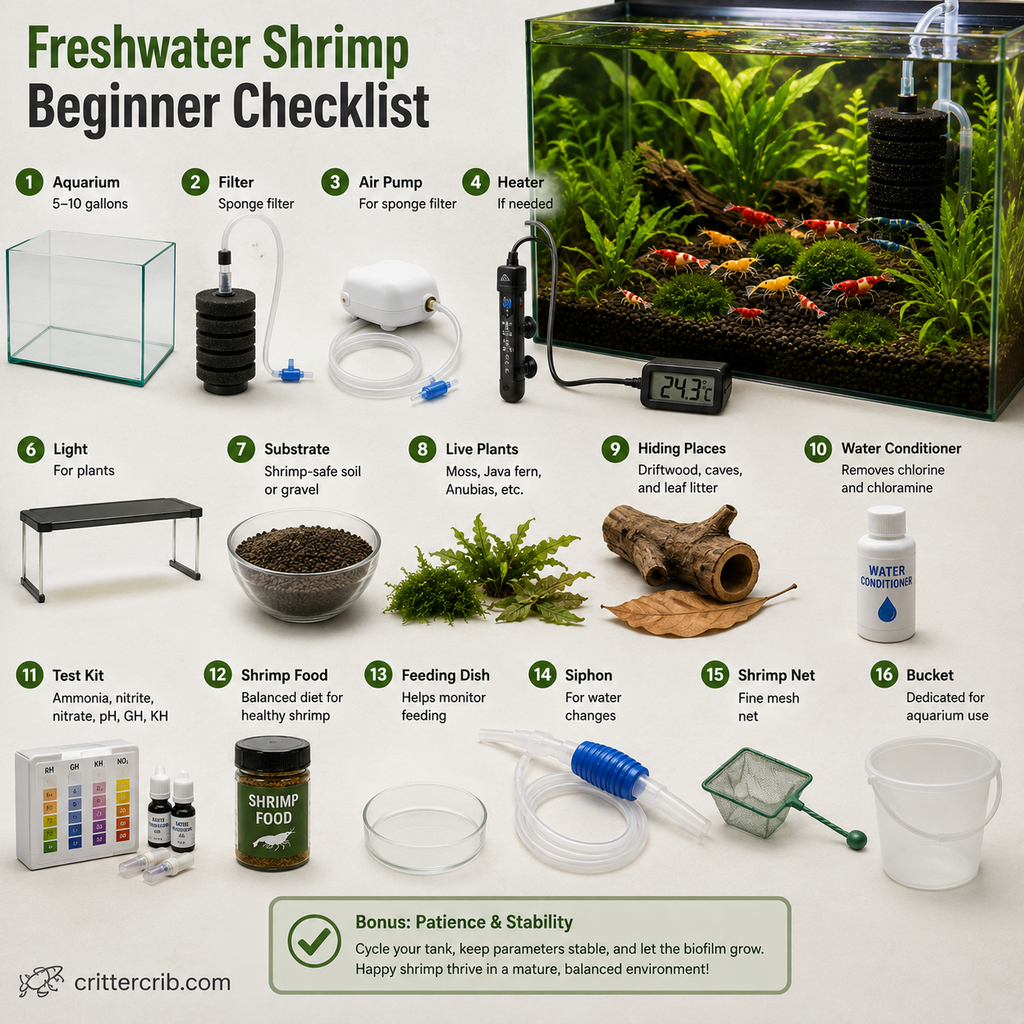 Freshwater shrimp supplies checklist with aquarium, sponge filter, plants, substrate, water test kit, food, siphon, and maintenance tools