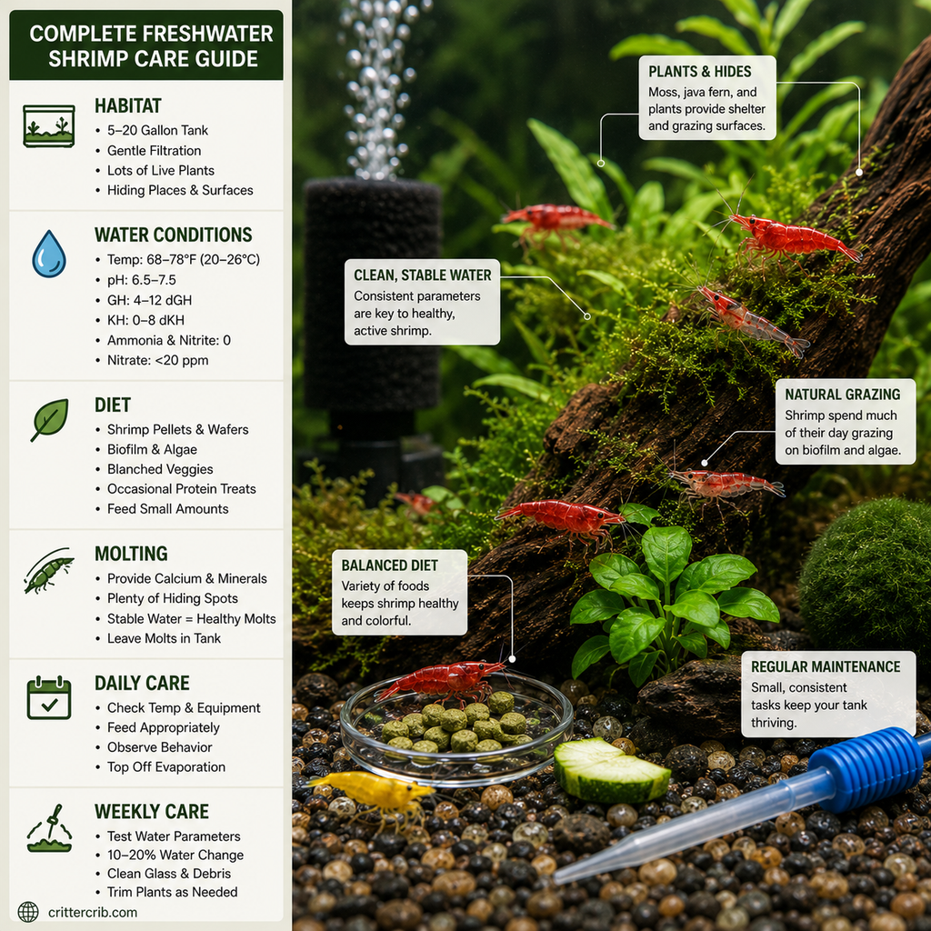 Freshwater shrimp care guide showing habitat, water conditions, diet, molting, and aquarium maintenance