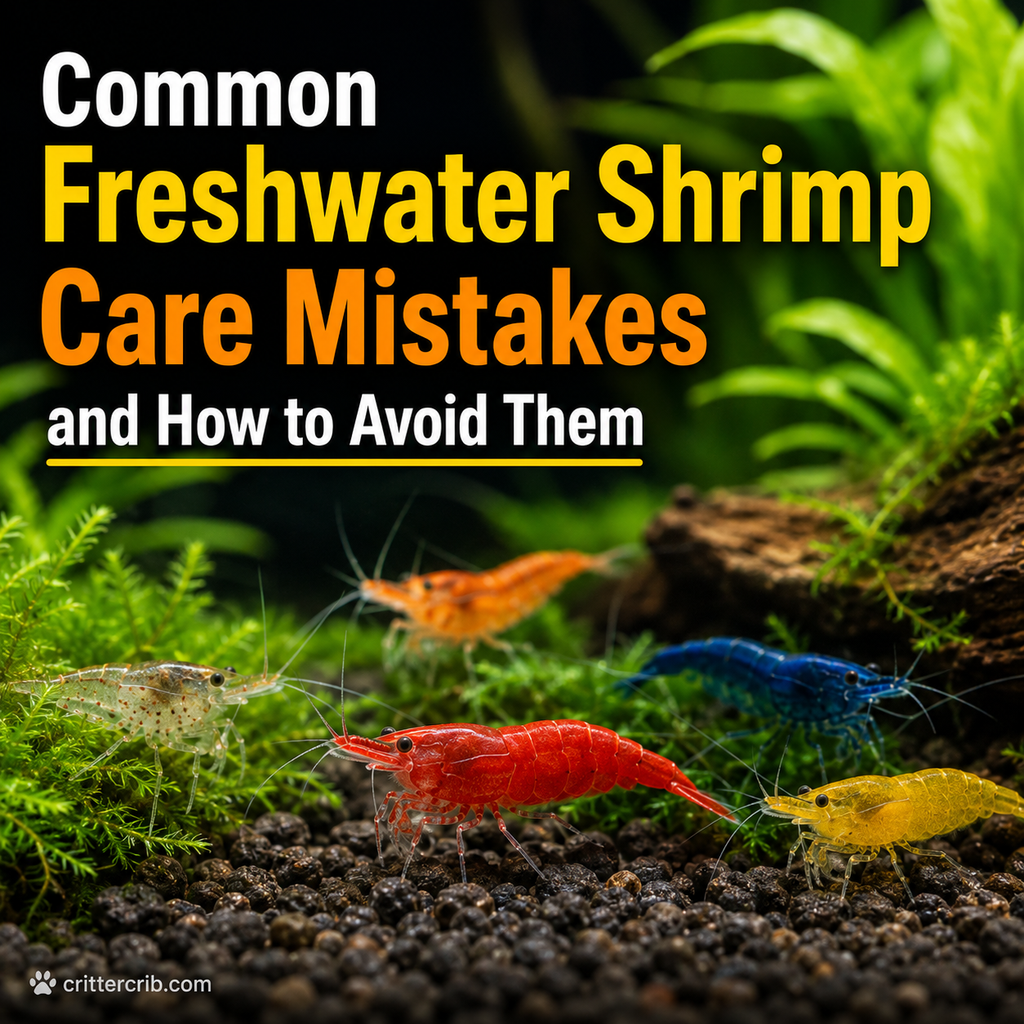 Colorful freshwater shrimp in a planted aquarium illustrating common shrimp care mistakes