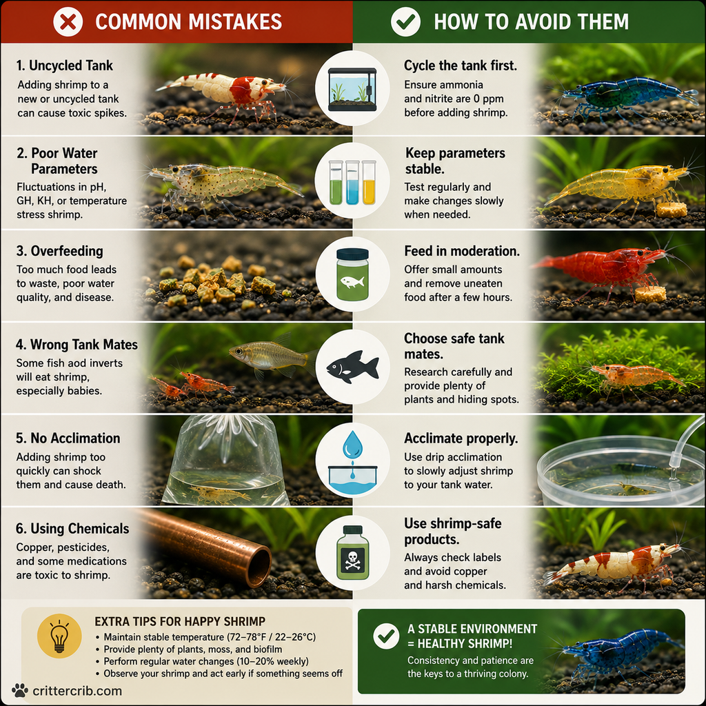 Freshwater shrimp care infographic showing common mistakes with water quality, feeding, tank mates, acclimation, and chemicals