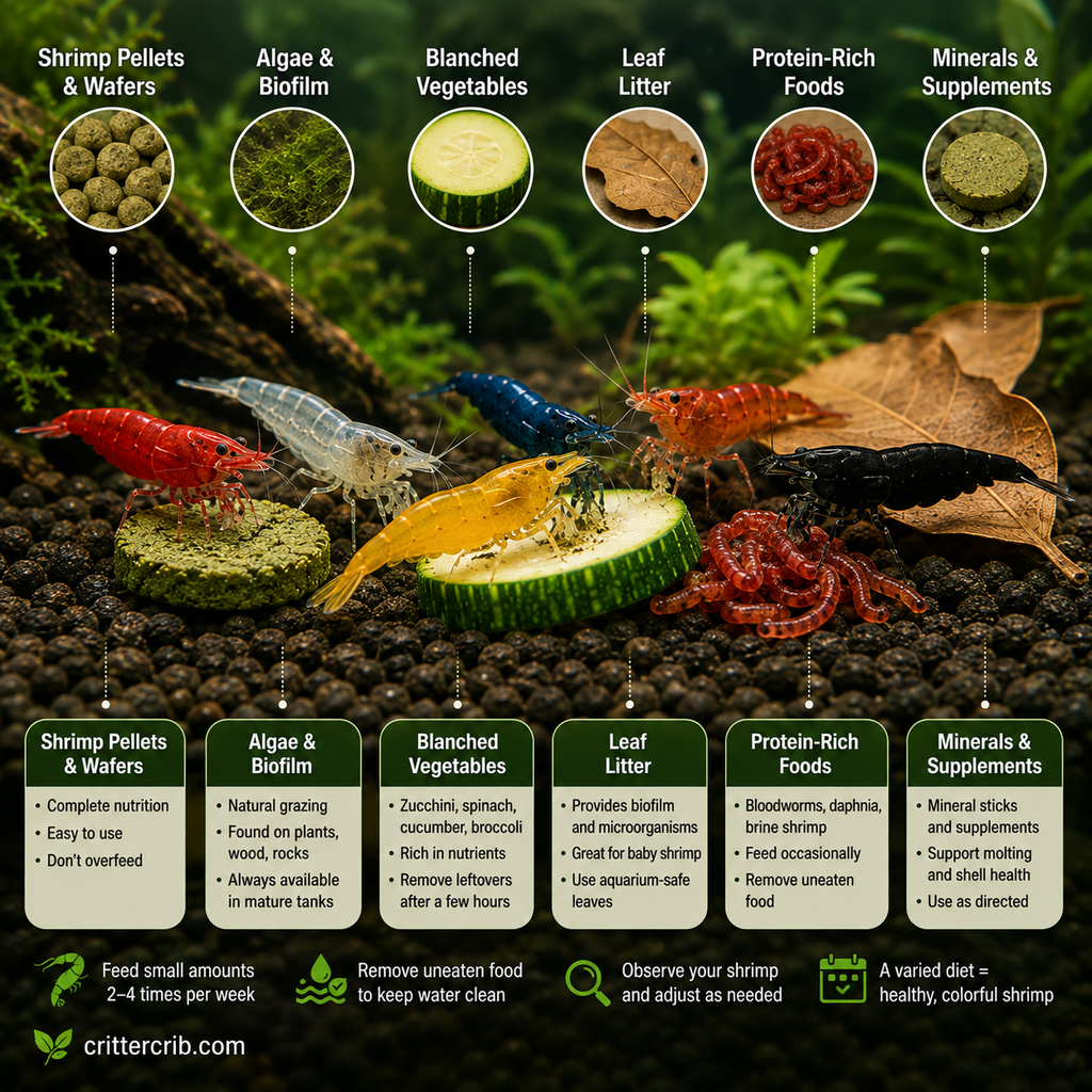 Freshwater shrimp eating pellets, algae, vegetables, leaf litter, and protein-rich foods in an aquarium