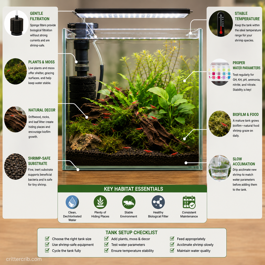 Freshwater shrimp habitat setup with sponge filter, live plants, moss, driftwood, substrate, and hiding places