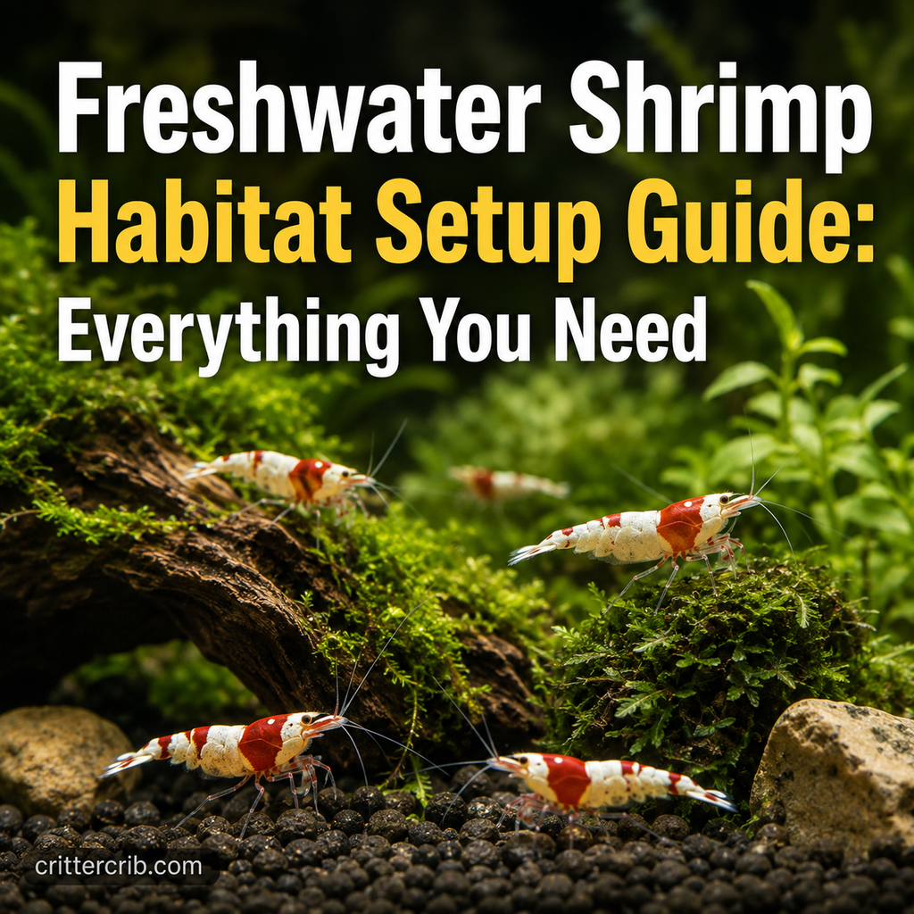 Freshwater shrimp in a planted aquarium with moss, driftwood, rocks, and shrimp-safe substrate