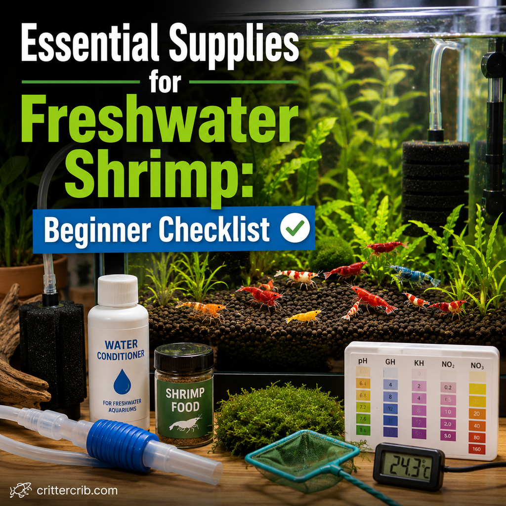 Freshwater shrimp tank setup with essential supplies including filter, plants, substrate, shrimp food, water conditioner, and test kit