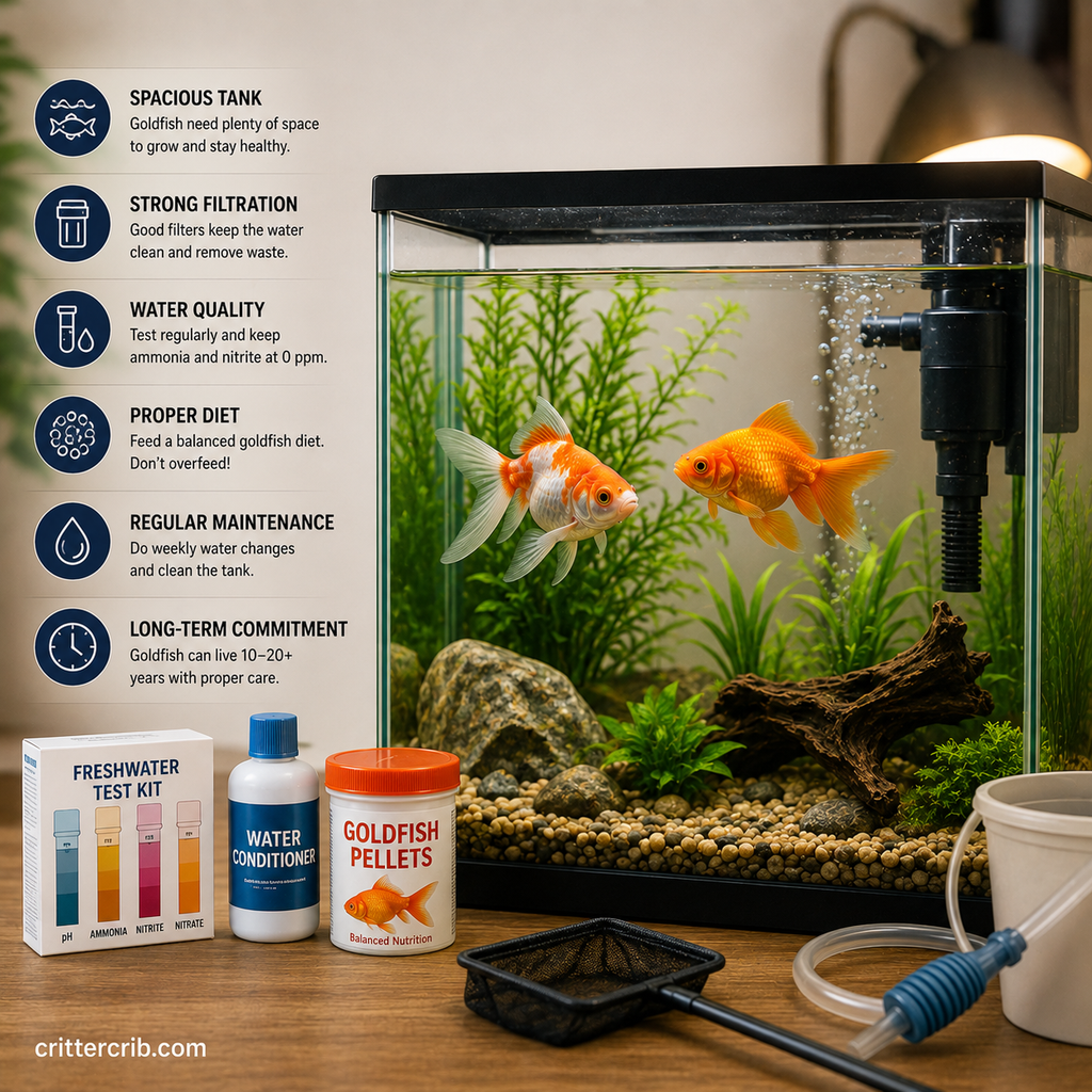 Goldfish aquarium with filtration, plants, water testing supplies, food, and tank maintenance equipment