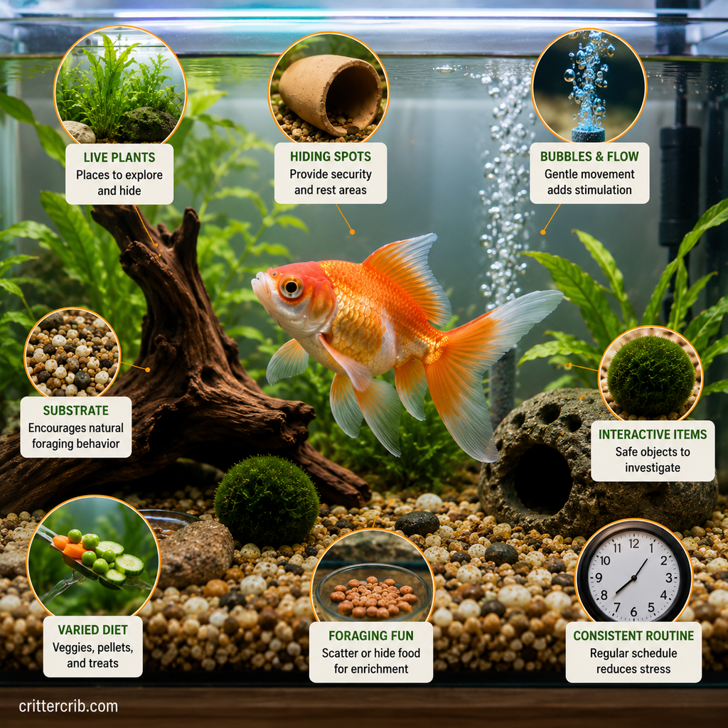 Goldfish enrichment ideas with live plants, hiding spots, foraging activities, substrate, and gentle water flow