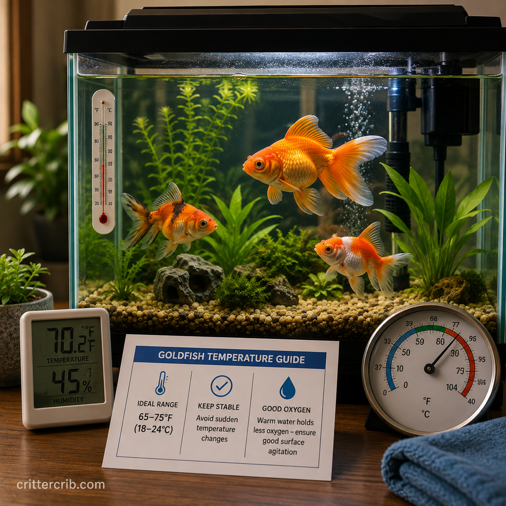 Goldfish swimming in a planted aquarium with a thermometer showing proper water temperature for goldfish care.