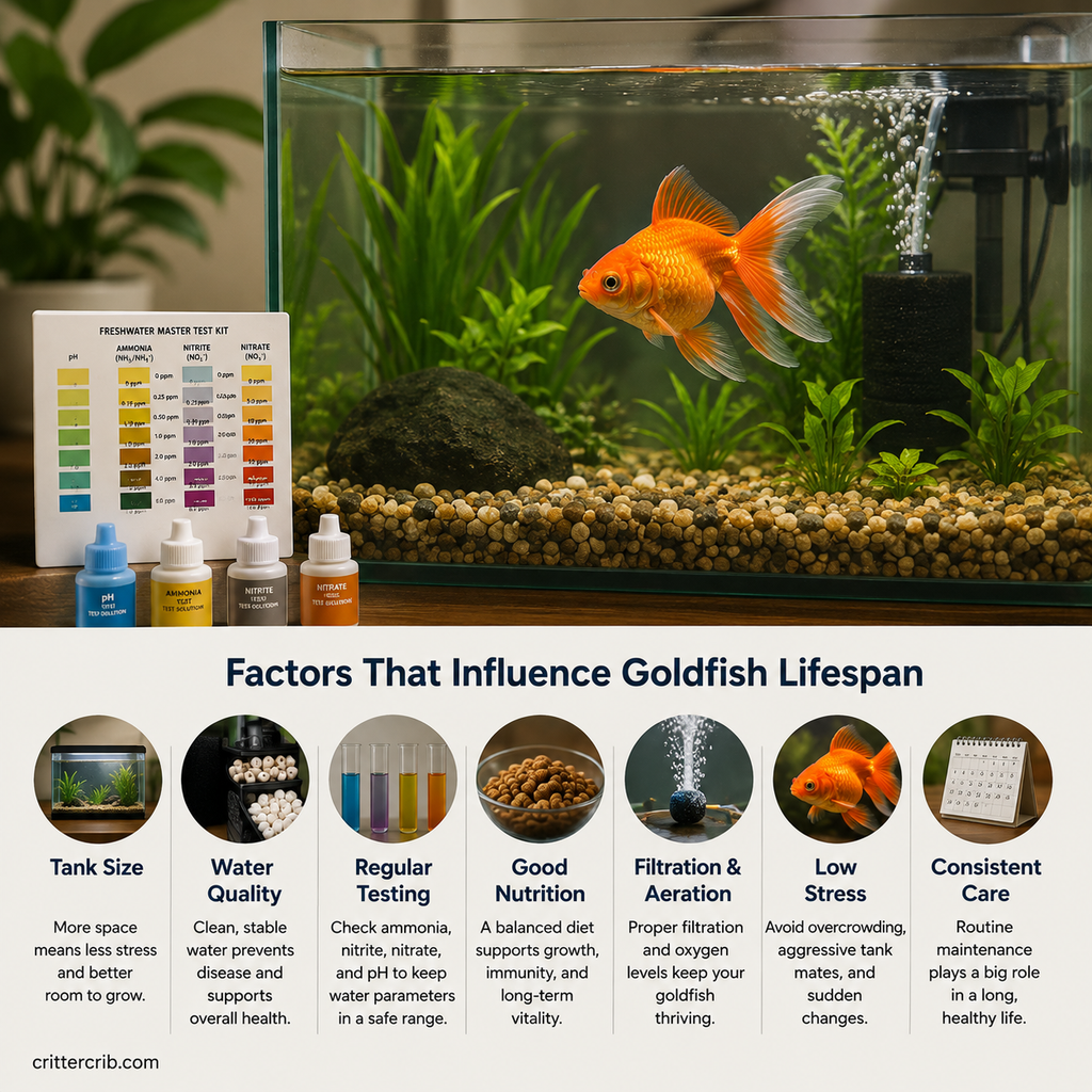 Goldfish in a filtered aquarium with water testing supplies showing factors that affect goldfish lifespan