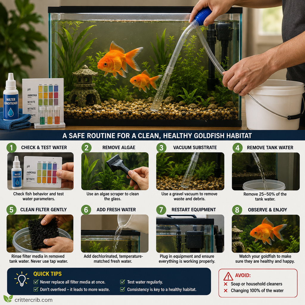 Goldfish tank cleaning routine showing water testing, gravel vacuuming, filter care, and a partial water change