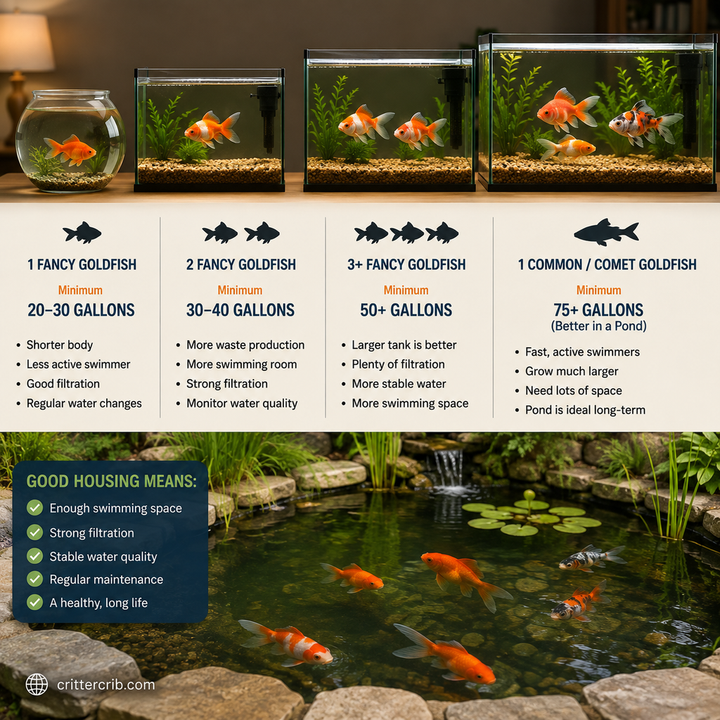 Goldfish tank size guide comparing space needs for fancy, common, and multiple goldfish