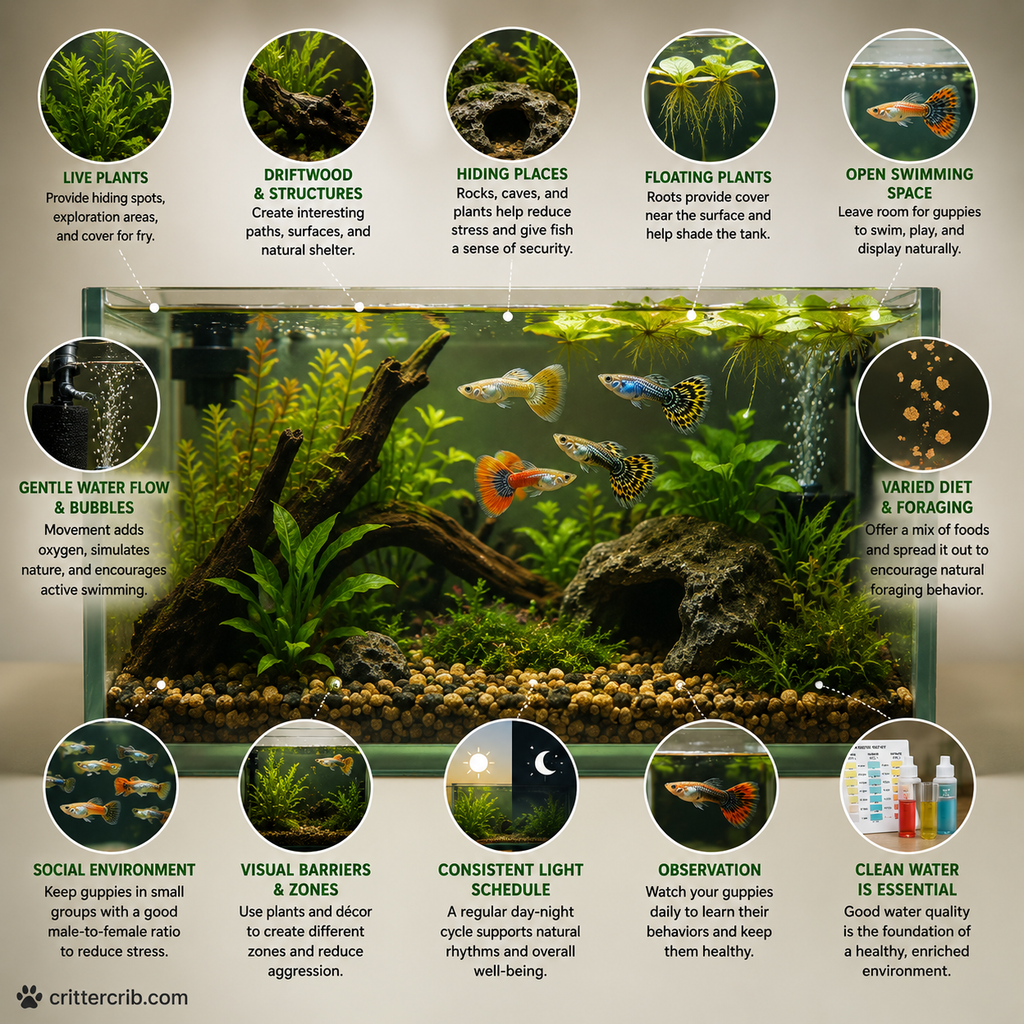 Guppies in an enriched aquarium with live plants, driftwood, hiding places, floating plants, and open swimming space