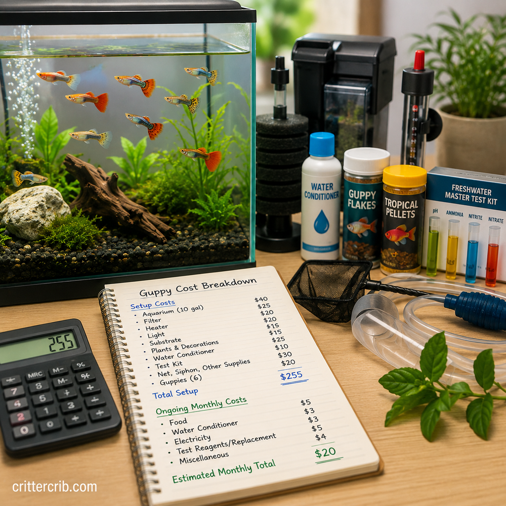 Guppy aquarium setup with filter, heater, food, water conditioner, test kit, and estimated ownership costs