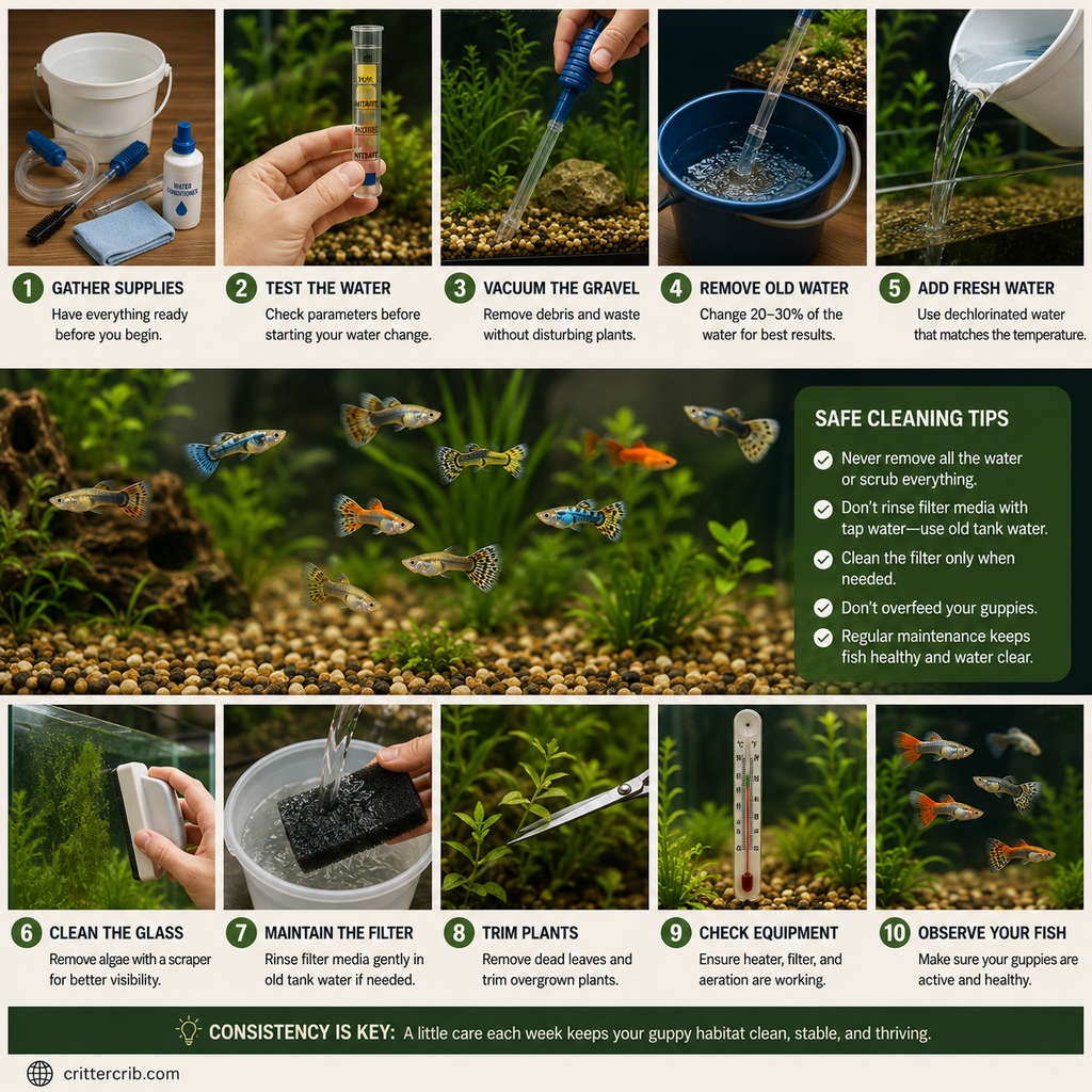 Step-by-step guppy tank cleaning routine with gravel vacuuming, partial water changes, filter care, and water testing