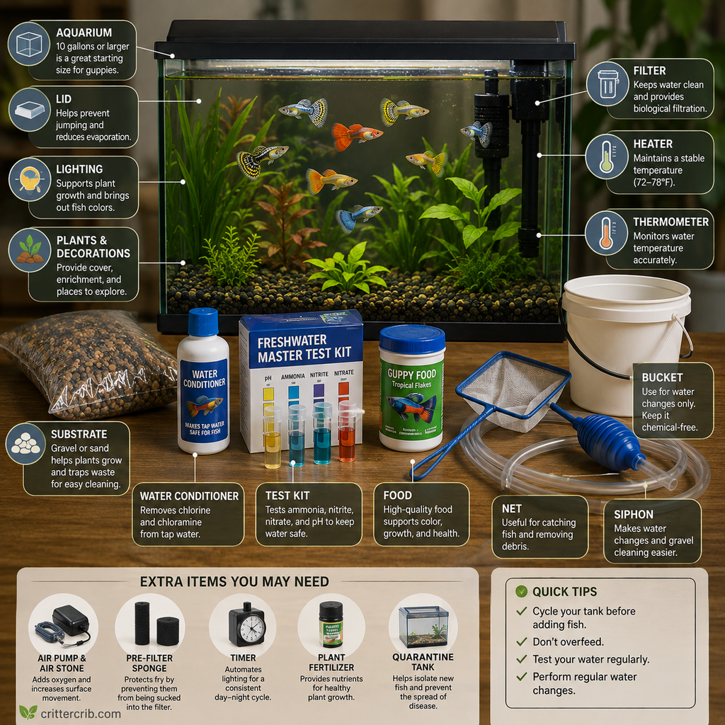Essential guppy tank supplies including aquarium, filter, heater, test kit, food, water conditioner, plants, net, and siphon