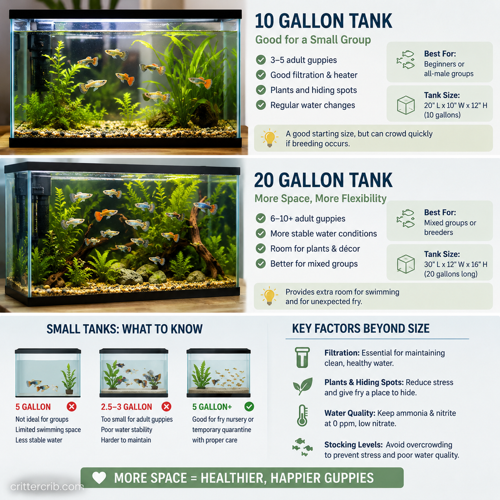 Comparison of 10-gallon and 20-gallon guppy tanks showing stocking, swimming space, filtration, plants, and housing needs