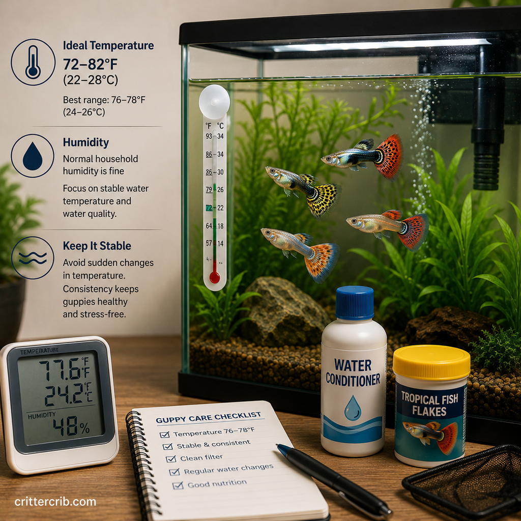 Guppies swimming in a planted aquarium with a thermometer monitoring stable water temperature
