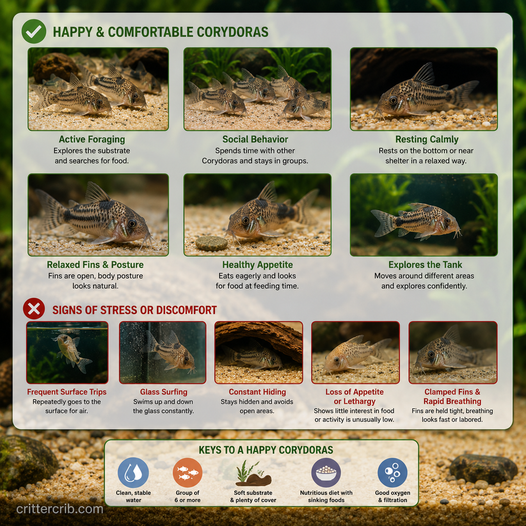 Signs of a happy Corydoras compared with stress behaviors including hiding, glass surfing, and rapid breathing