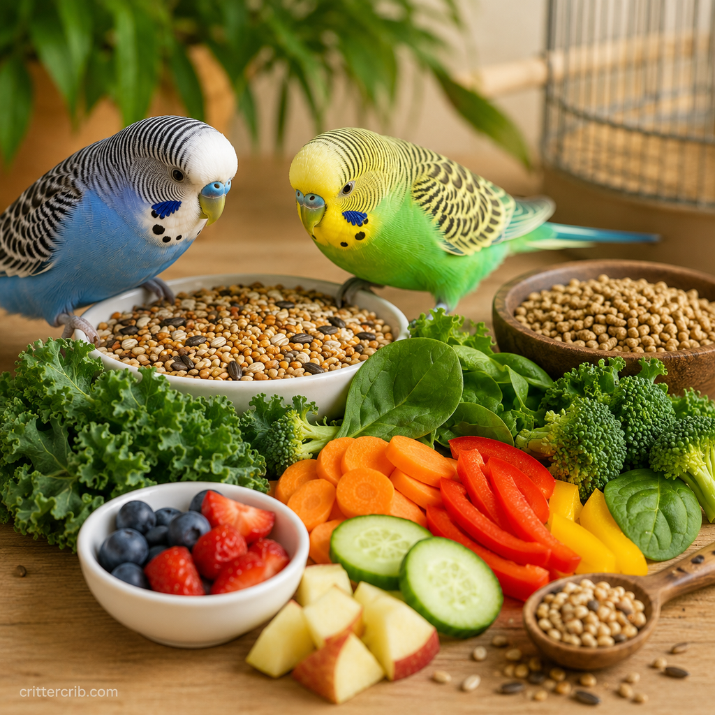 Budgies with seeds, pellets, leafy greens, vegetables, and fruit as part of a balanced diet.