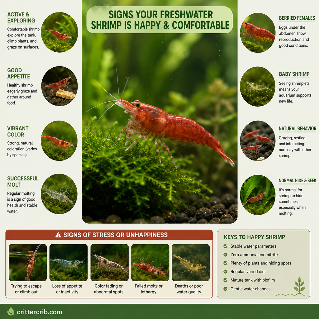 Freshwater shrimp showing healthy behaviors including grazing, exploring, molting, and breeding in a planted aquarium