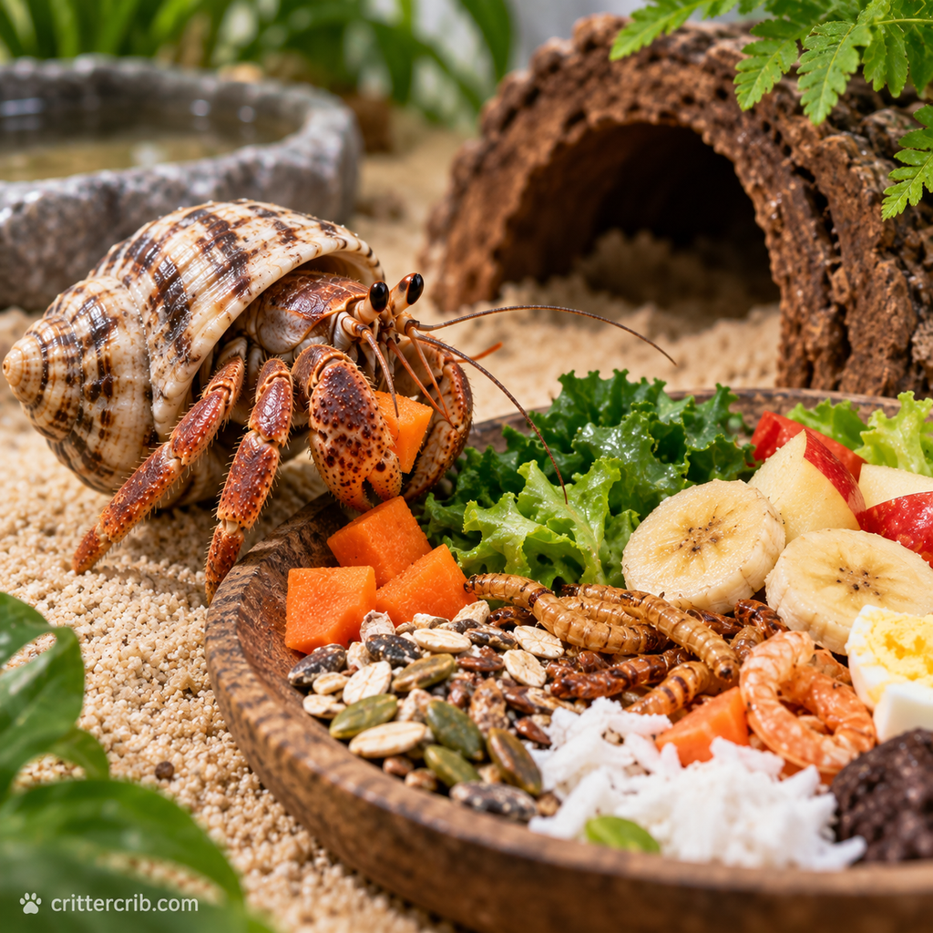 Hermit crab eating a varied diet of vegetables, fruit, seeds, insects, shrimp, egg, and other nutritious foods.