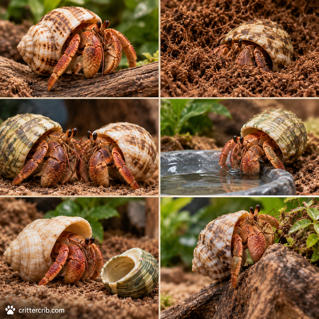 Hermit crabs digging, climbing, drinking, changing shells, and interacting in a natural habitat