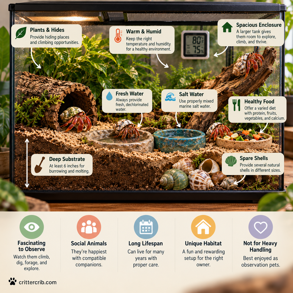 Hermit crab habitat with deep substrate, fresh and salt water, spare shells, food, hides, and climbing areas