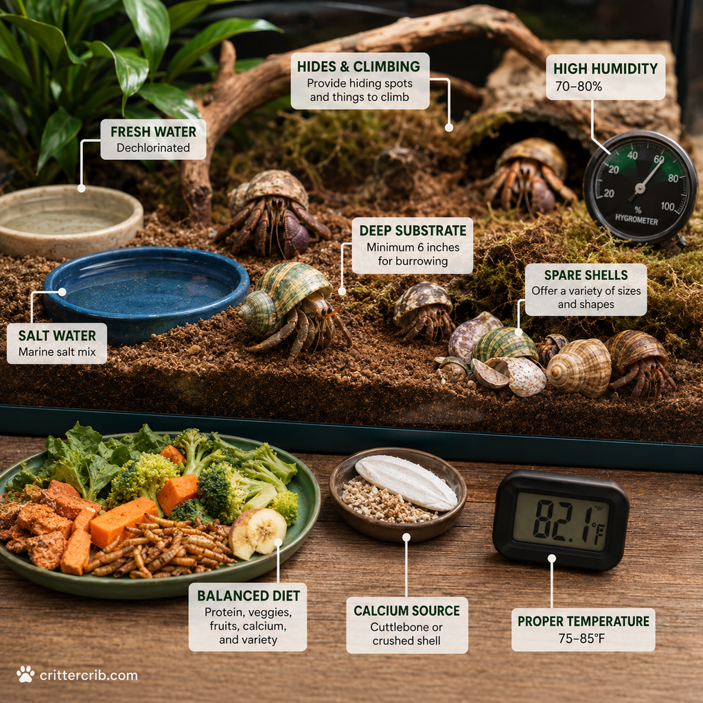 Hermit crab habitat showing deep substrate, fresh and salt water, proper humidity, temperature, spare shells, and food